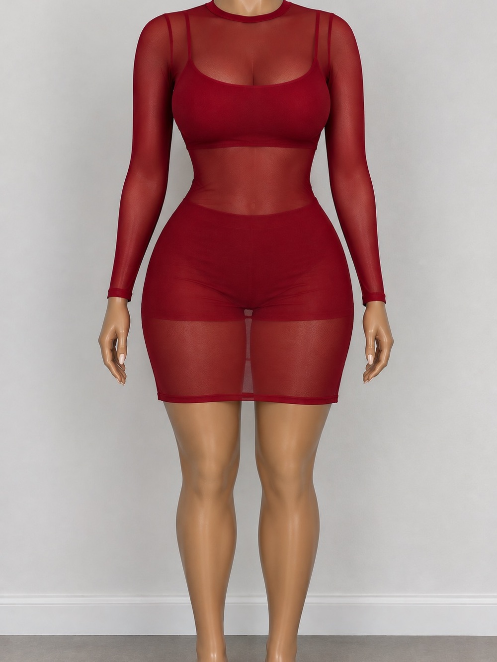 Fashion Nova Red Sheer Long Sleeve Mesh Bodycon Chemise